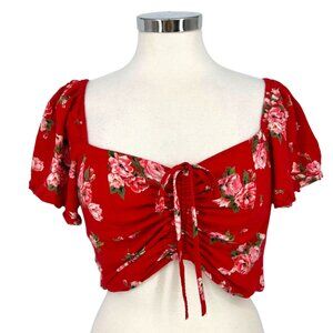 BOG Red Floral Crop Top Flutter Sleeves Ruched Front Size Large